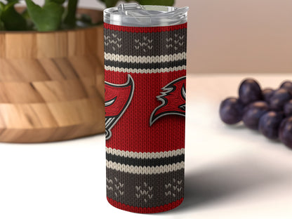 Tampa Bay Buccaneers tumbler with knit pattern and team logos.