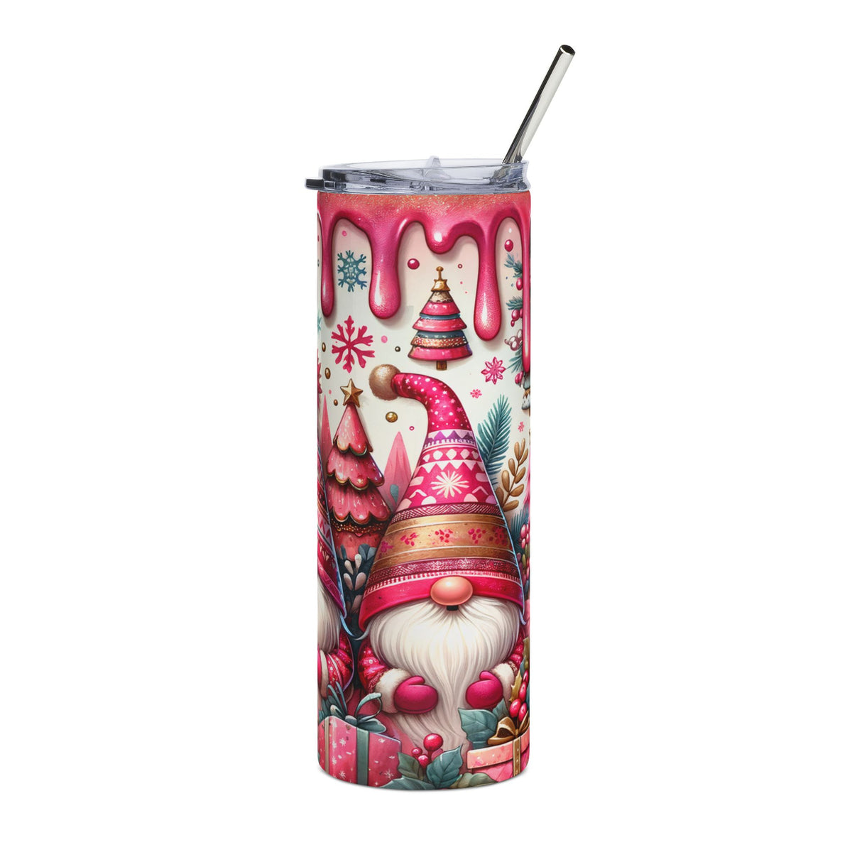Christmas gnome and trees tumbler with red drip lid and metal straw.