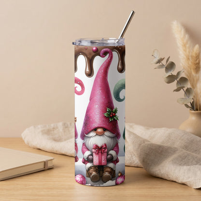 Tumbler with gnome, gift, and chocolate drip design.