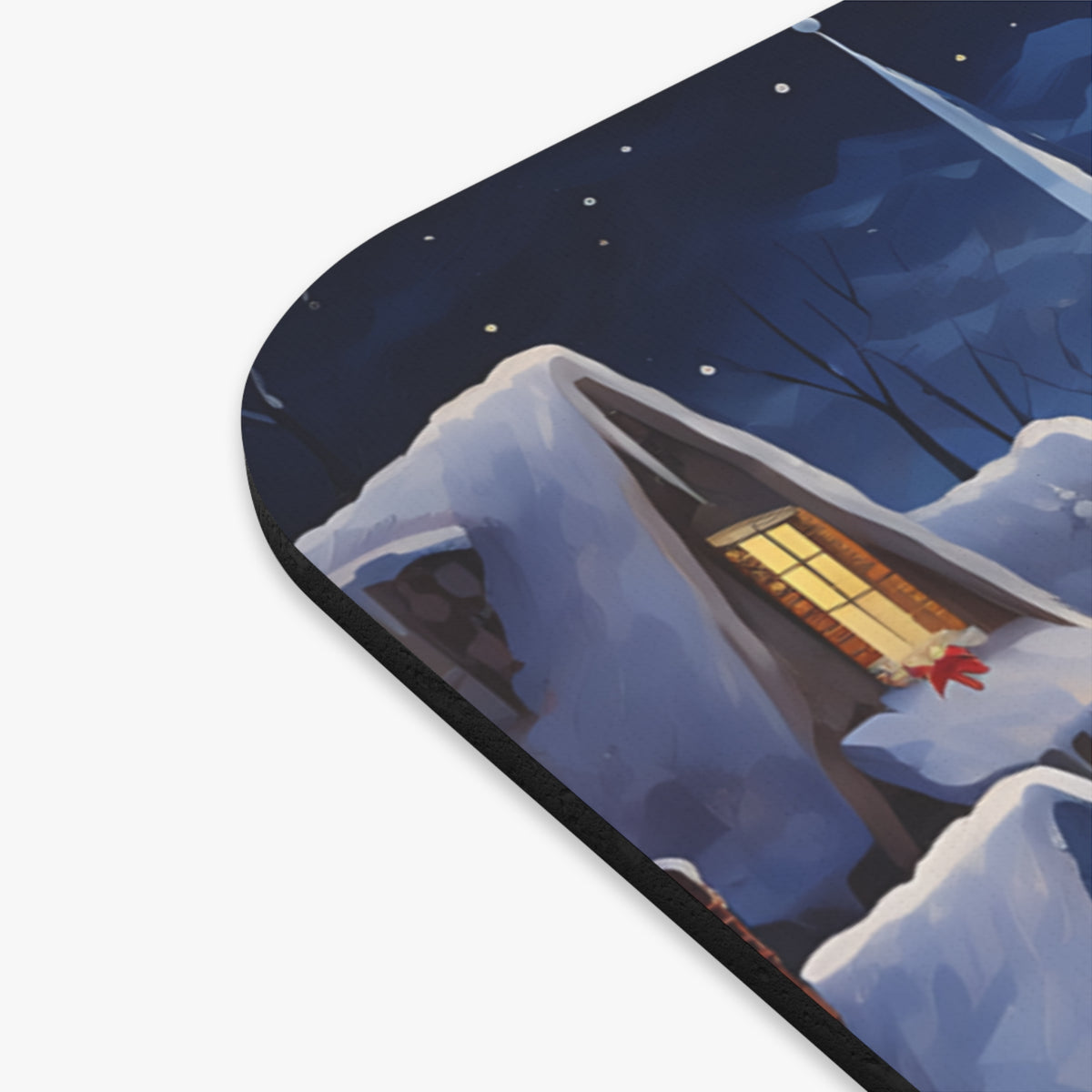 Snow-covered cabin window at night with stars in the dark sky.
