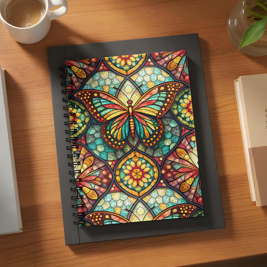 Notebook with a stained glass butterfly and floral pattern on the cover.