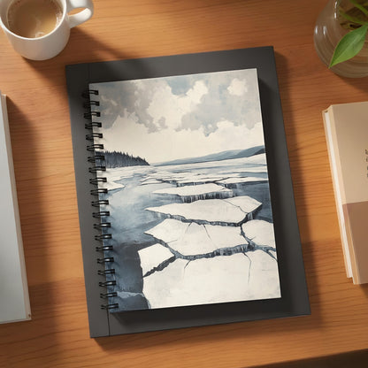 Spiral notebook featuring artwork of cracked ice floes on water with a pine forest.