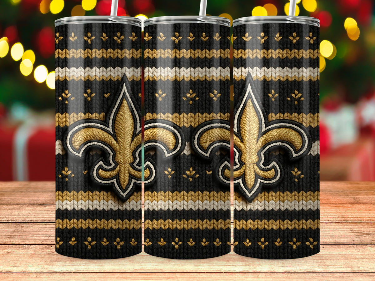 Three tumblers with a black, gold, and white striped knit pattern and a gold fleur-de-lis.