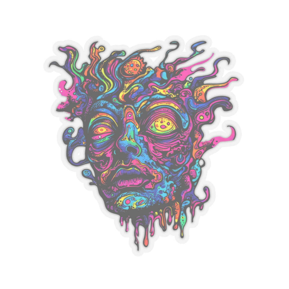 Abstract colorful face with psychedelic swirling elements and dripping effect.