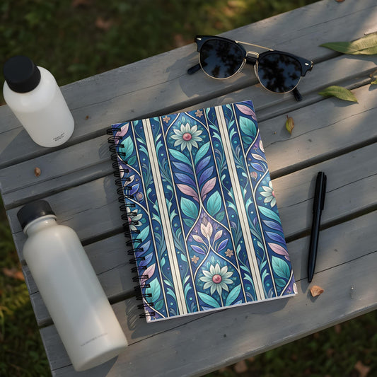 Spiral notebook with blue floral art nouveau pattern on a wooden bench.