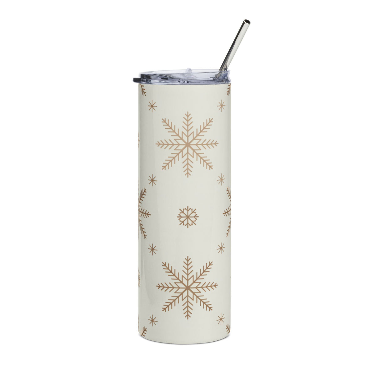 Cream tumbler with gold snowflake pattern and metal straw.