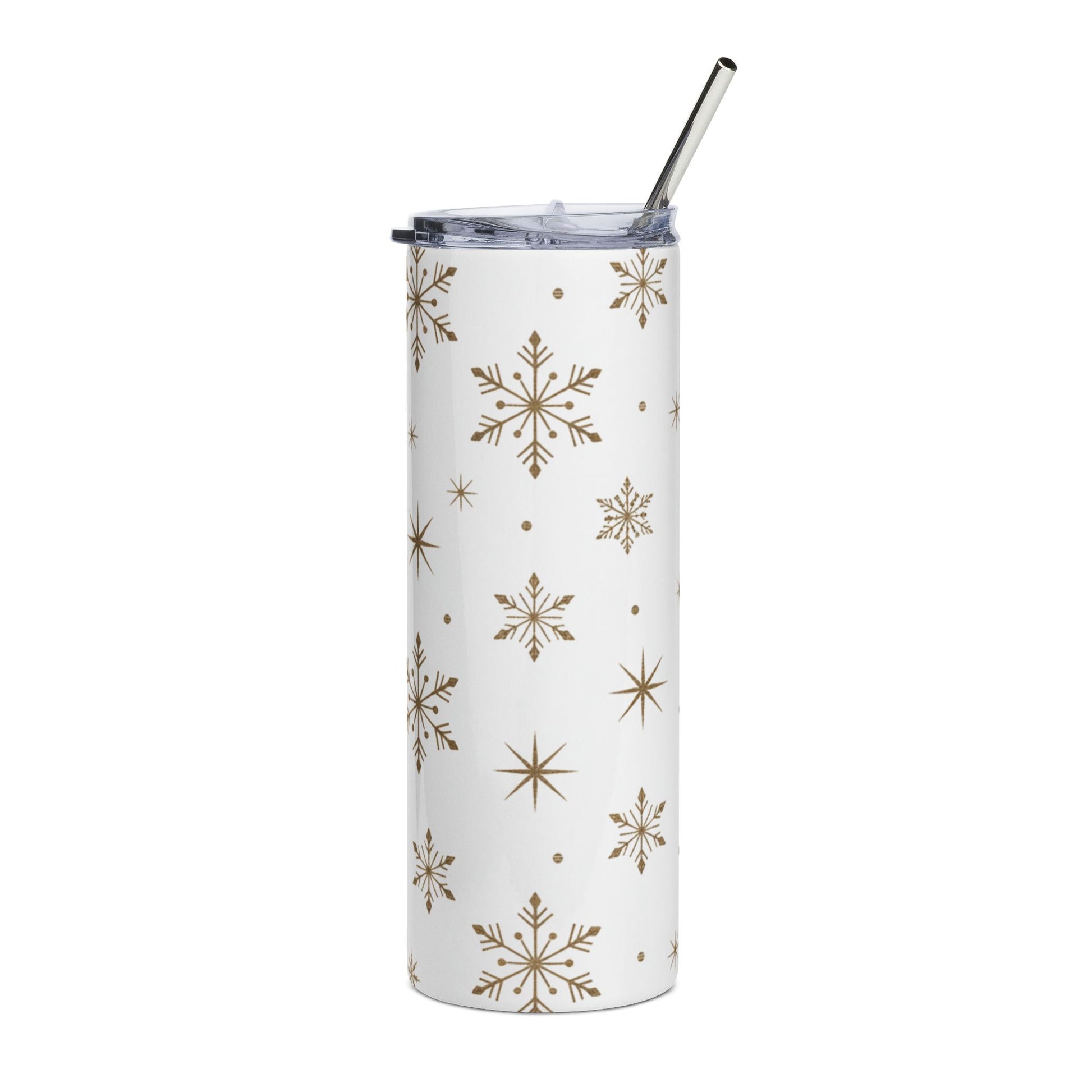 White tumbler with gold snowflake pattern and silver straw.