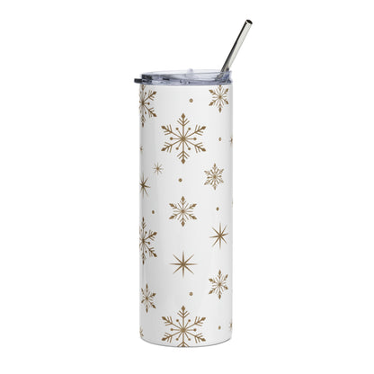 White tumbler with gold snowflake pattern and silver straw.