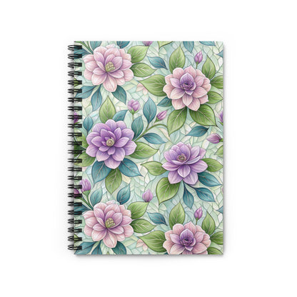 Spiral notebook with pastel floral pattern and green leaves.