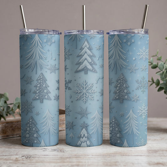 Three light blue tumblers with a festive embossed pattern of Christmas trees and snowflakes.