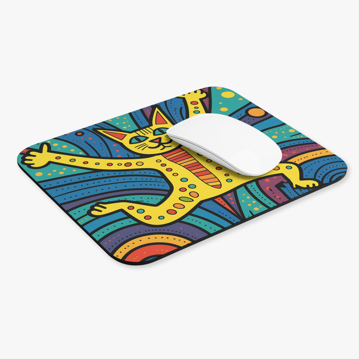 Yellow cartoon cat with outstretched arms on a colorful, patterned mousepad.