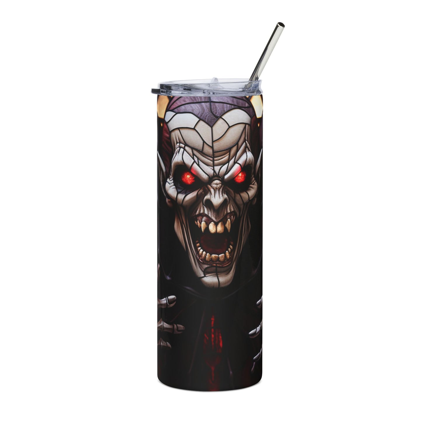 Tumbler with a graphic of a vampire with red eyes and sharp teeth.