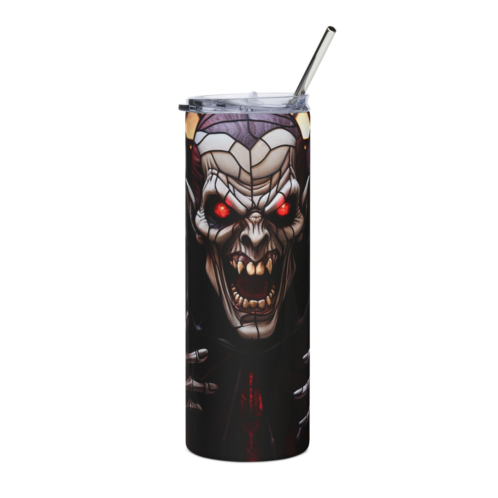 Tumbler with a graphic of a vampire with red eyes and sharp teeth.