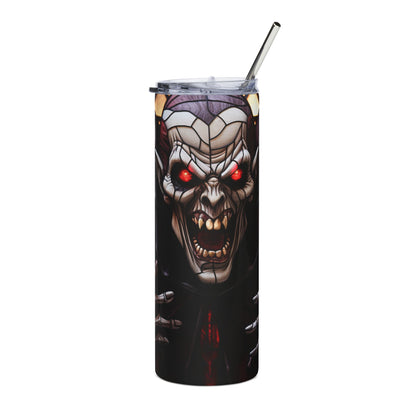 Tumbler with a graphic of a vampire with red eyes and sharp teeth.