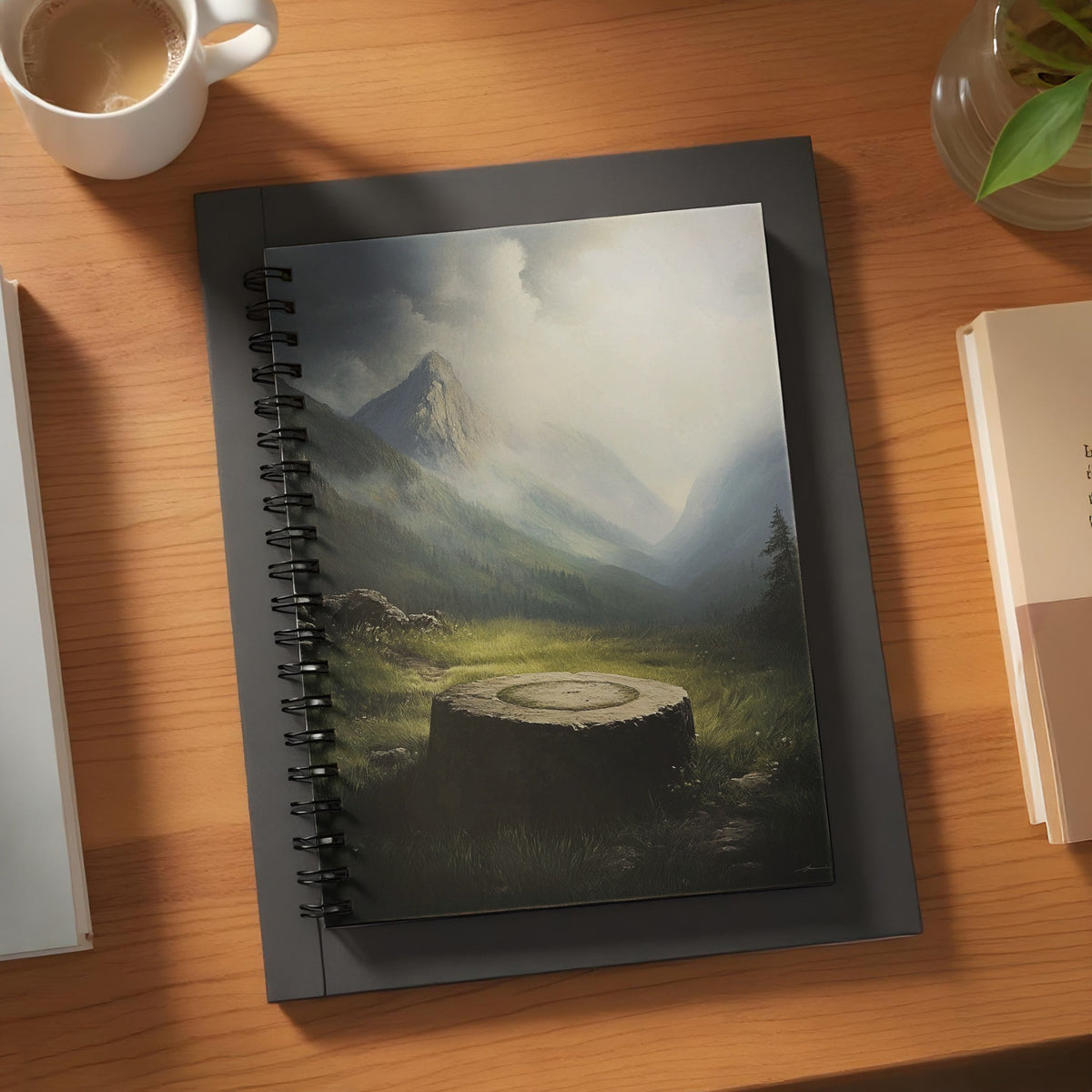 Spiral-bound notebook with a misty mountain landscape and a stone stump on its cover.
