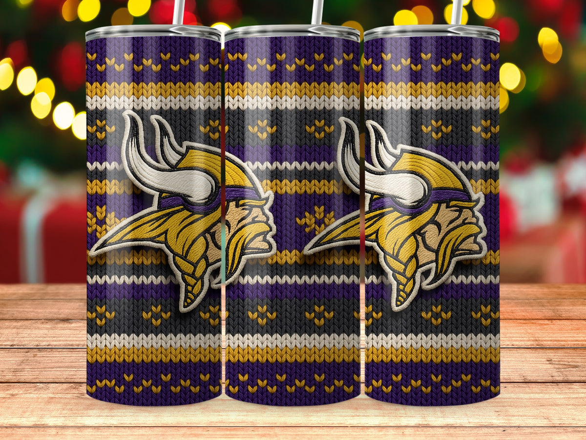 Three Minnesota Vikings tumblers with a purple, black, and gold knit pattern.