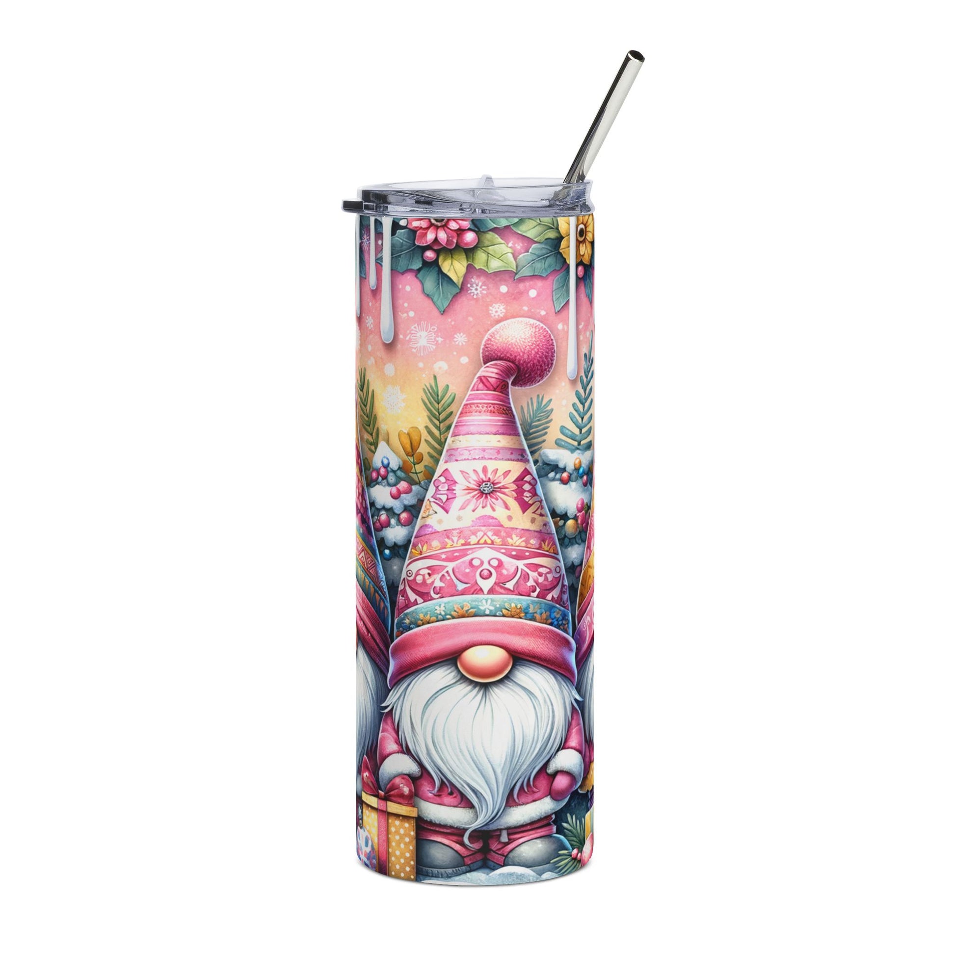 Christmas gnome tumbler with lid and straw, featuring festive trees and gifts.