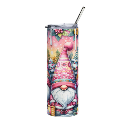 Christmas gnome tumbler with lid and straw, featuring festive trees and gifts.
