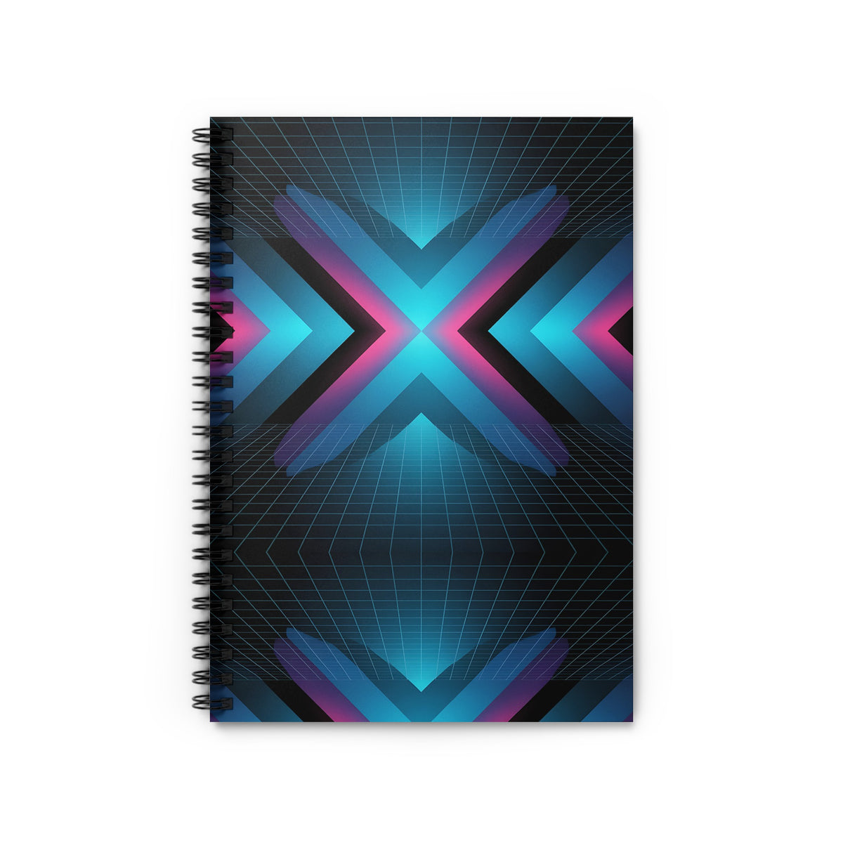Spiral notebook with retro-futuristic geometric design in blue and pink.