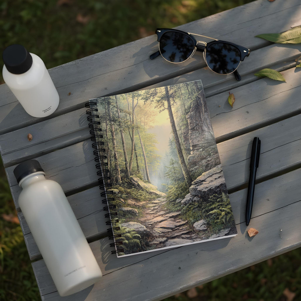 Spiral notebook with a forest path painting and two water bottles.