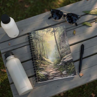 Spiral notebook with a forest path painting and two water bottles.