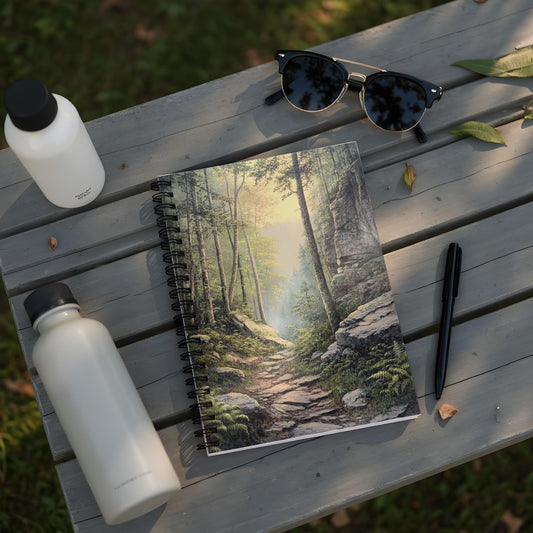 Spiral notebook with a forest path painting and two water bottles.