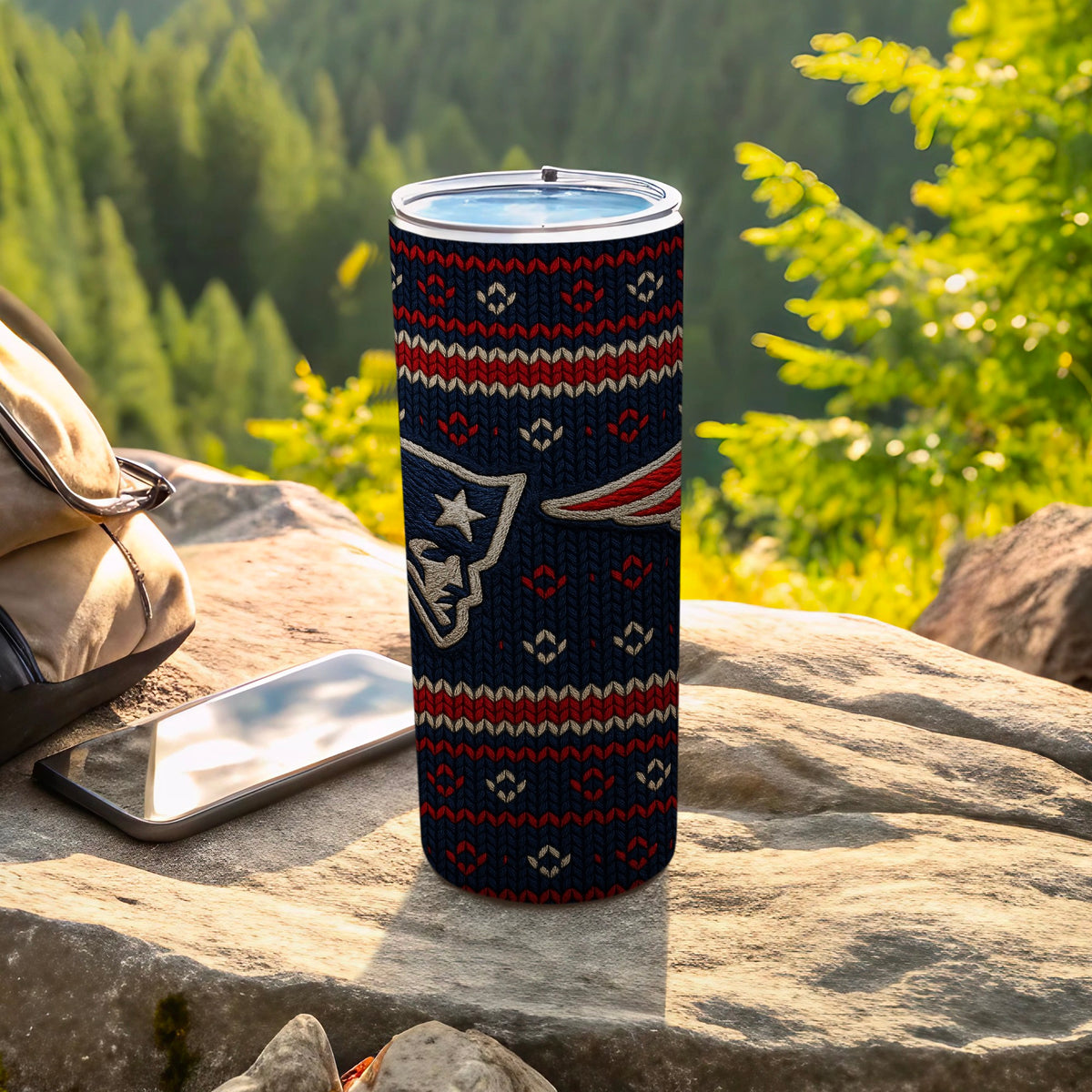 New England Patriots tumbler with a knit pattern and outdoor scene.