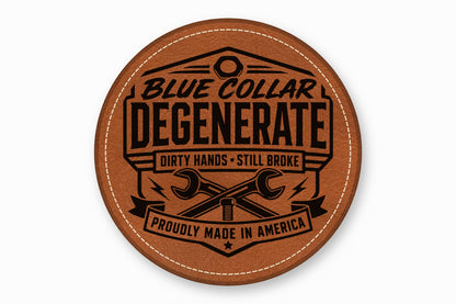 Round brown leather patch with white stitched border, featuring black text and crossed wrenches.