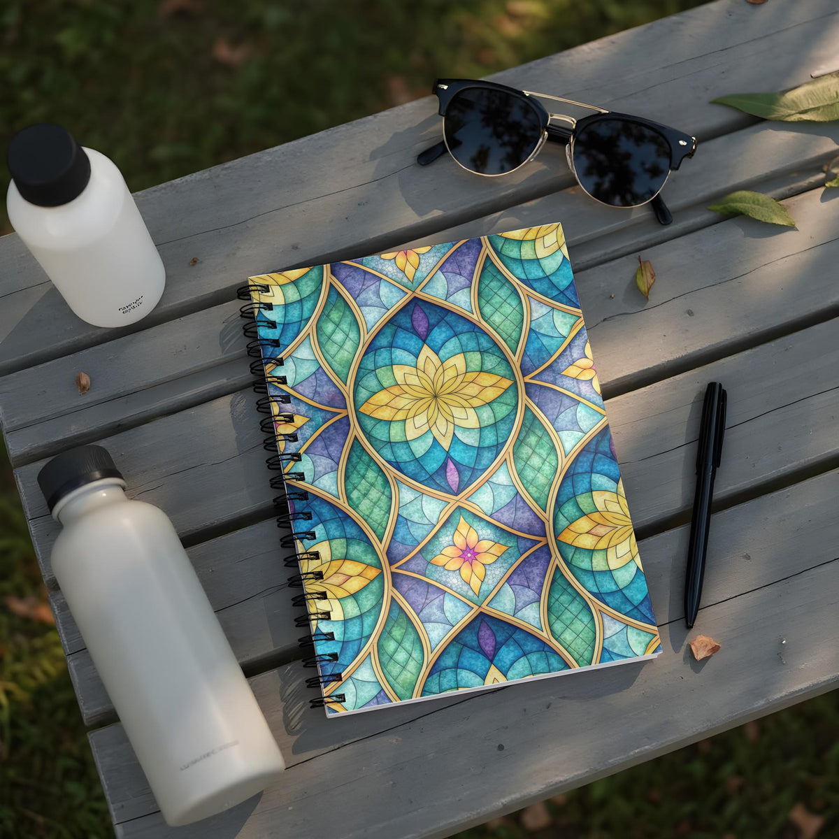 Spiral notebook with stained glass floral pattern, two water bottles, sunglasses, and pen on bench.