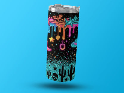 Black tumbler with neon dripping barbed wire, cactus, stars, horseshoe, and cowboy hat.