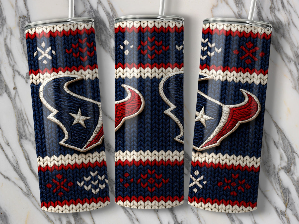 Houston Texans logo on a navy blue and red knit pattern tumbler.