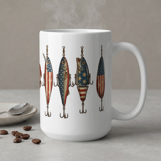 White mug with fishing lures decorated in American flag motifs.