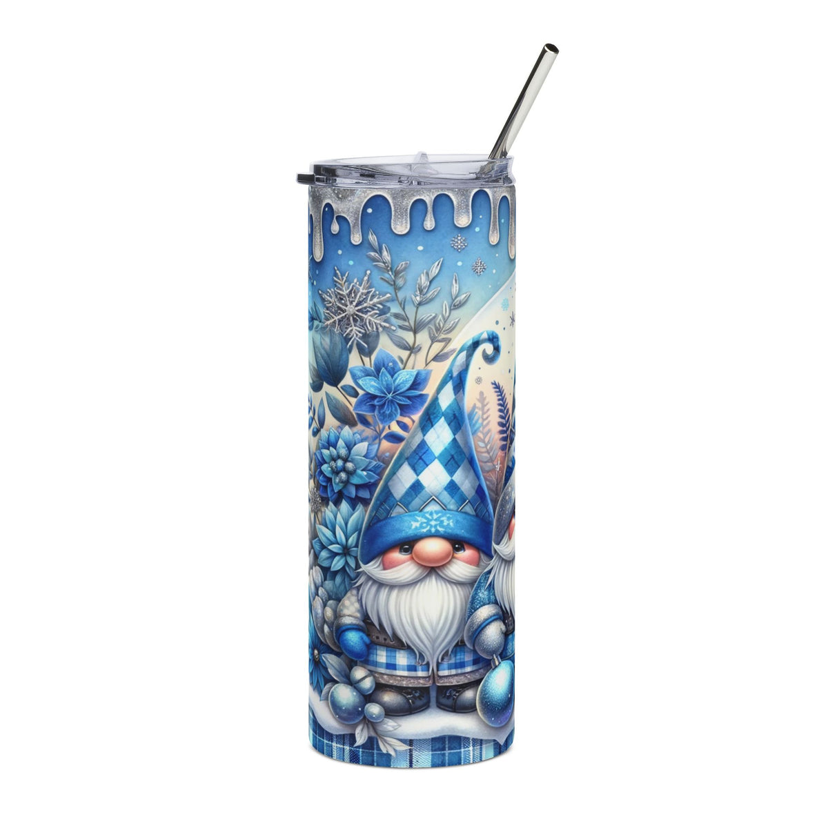 Blue tumbler with gnomes, snowflakes, and blue flowers, featuring a silver straw.