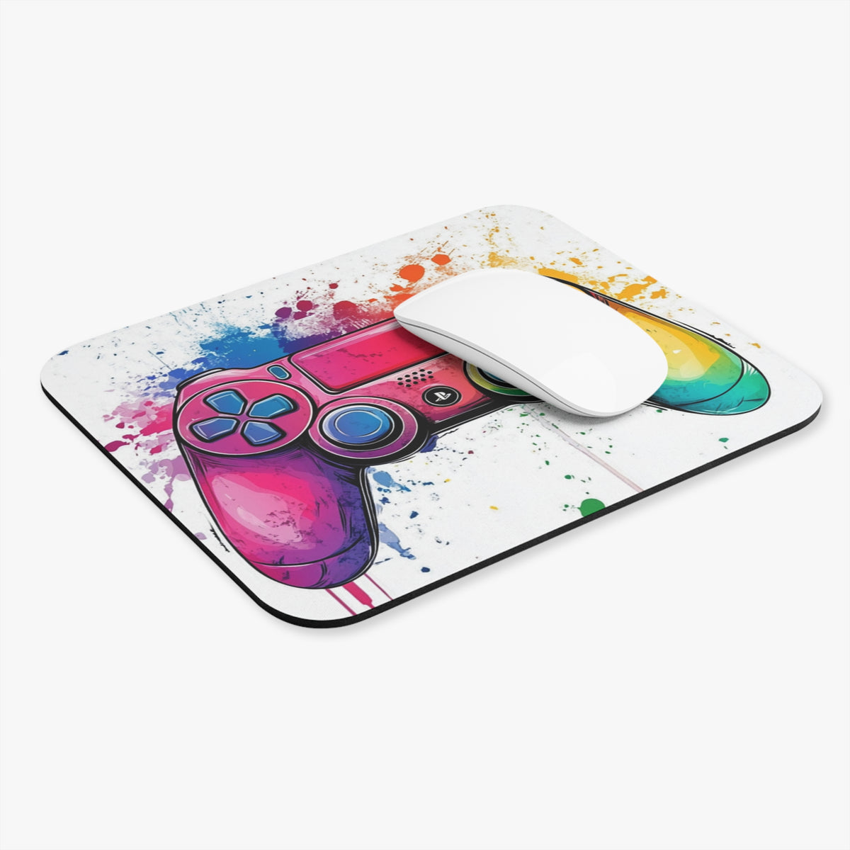 White mouse on a mousepad featuring a pink and blue abstract controller design.