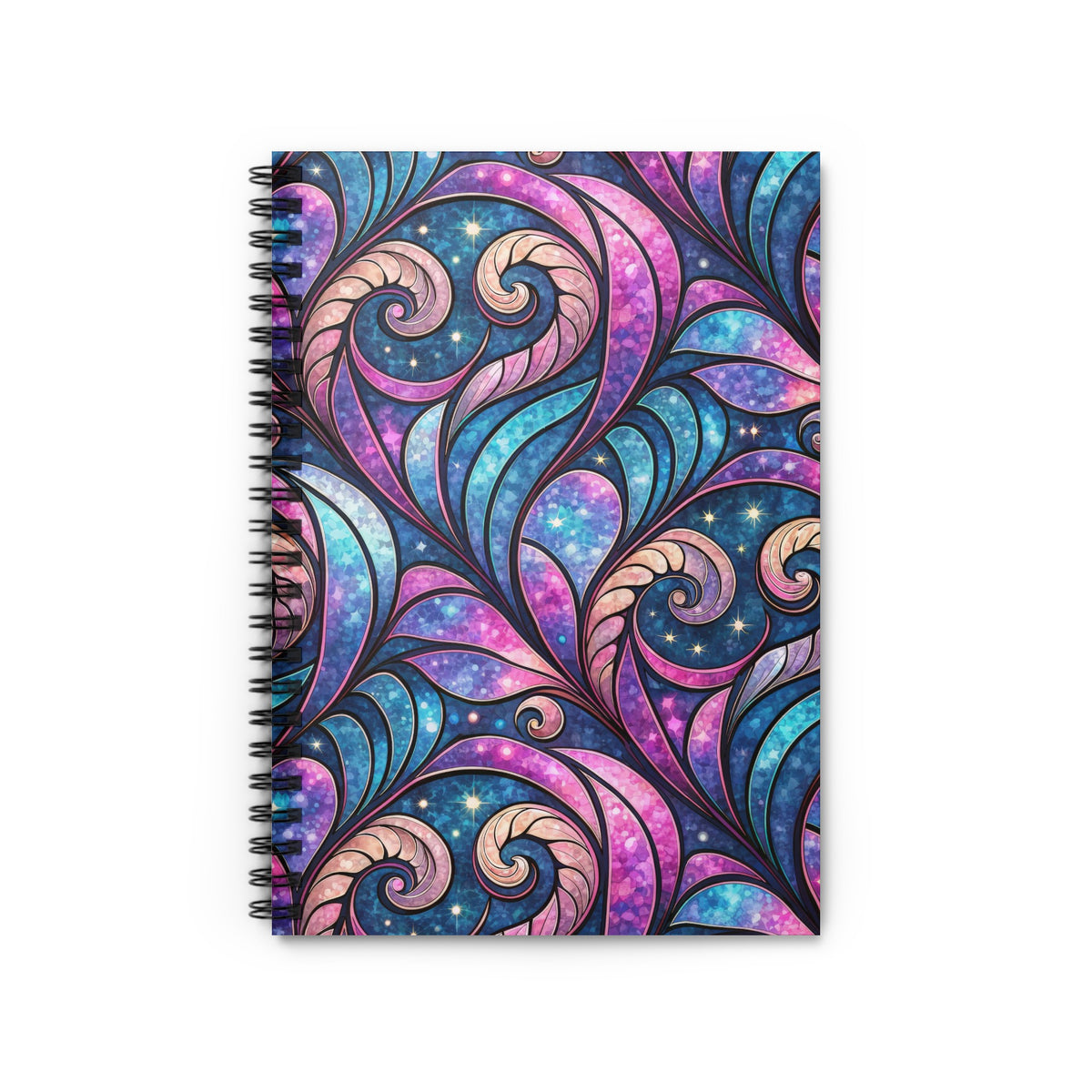 Spiral pattern notebook with a cosmic stained glass design.