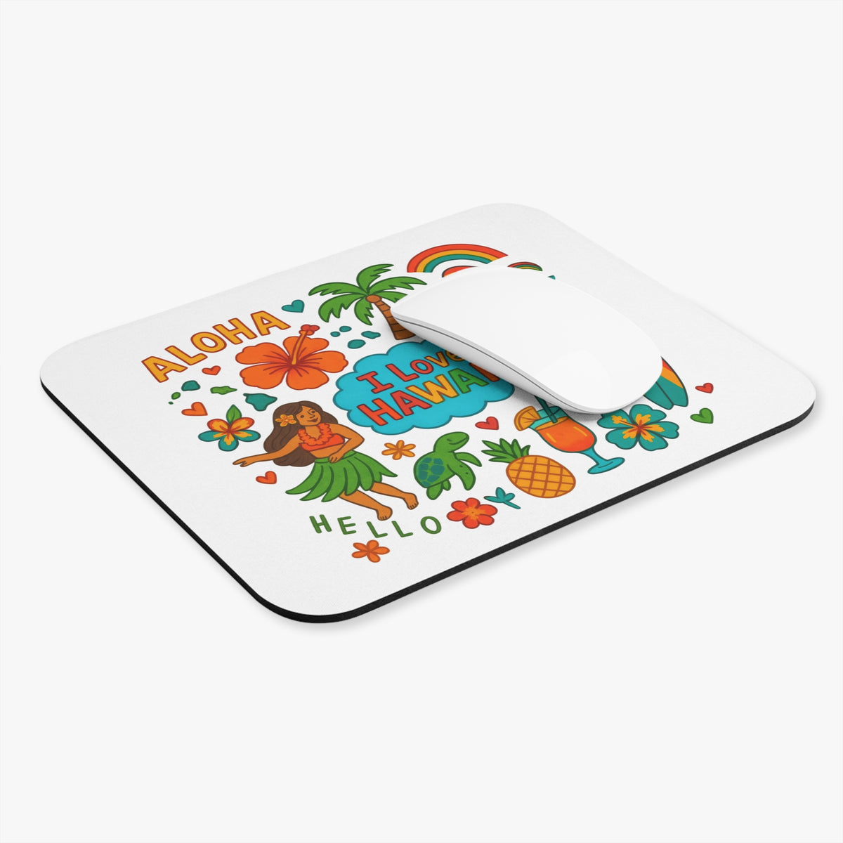 White mousepad with Aloha and "I Love Hawaii" text, hula dancer, and tropical icons.