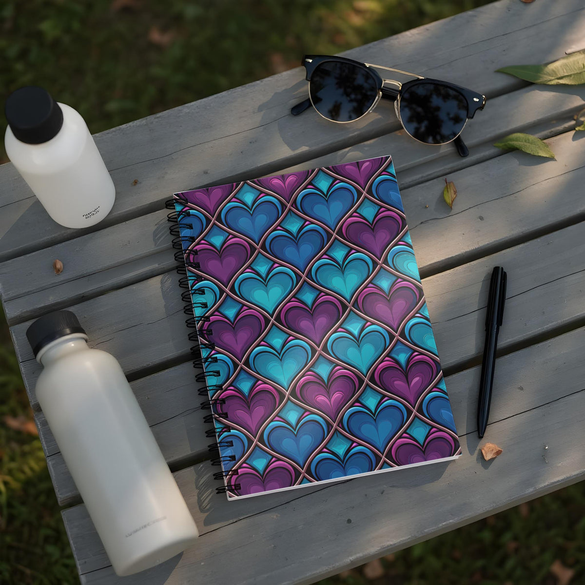 Spiral notebook with a repeating pattern of pink, purple, and blue hearts on a wooden surface.