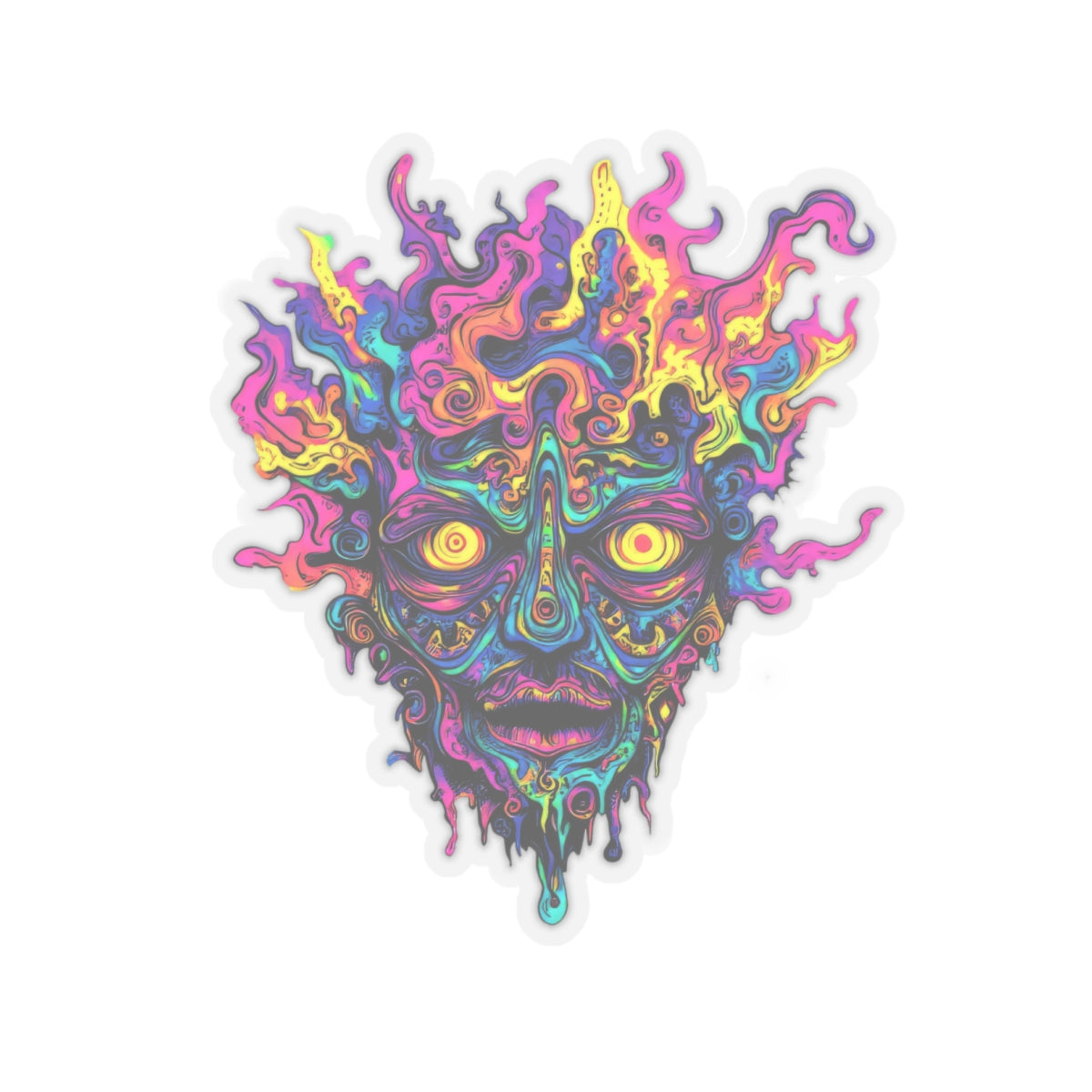 Psychedelic melting face with vibrant, swirling colors and large yellow eyes.