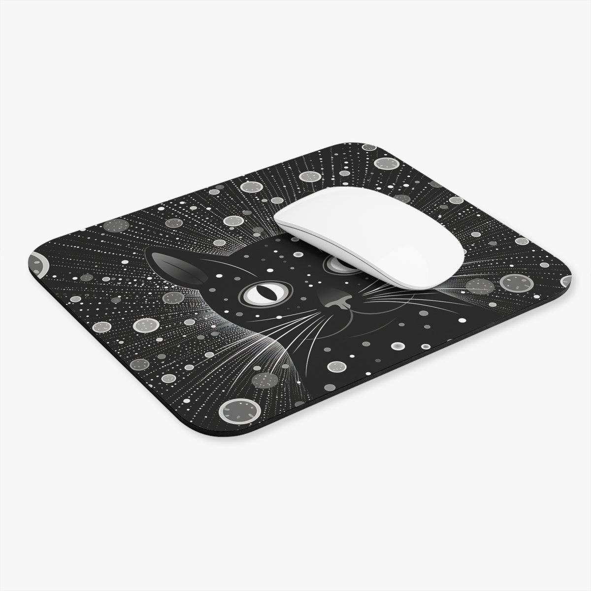 Black cat with glowing eyes on a starry, dotted background mousepad.