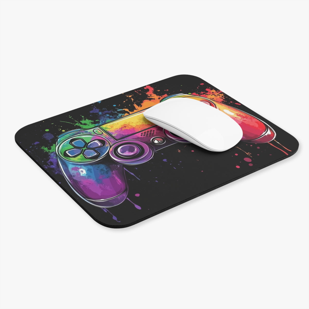 Mousepad with a colorful, abstract video game controller design and a white mouse.