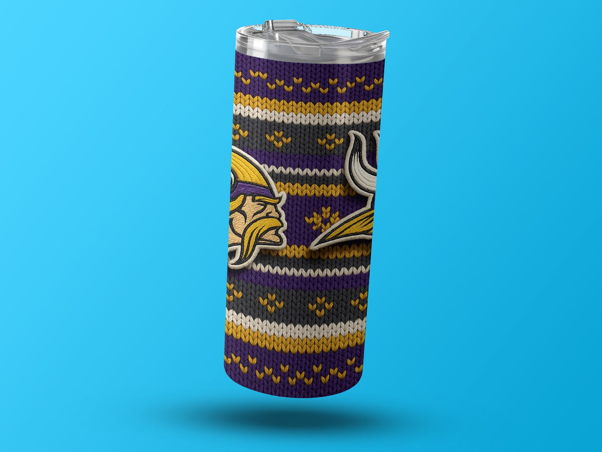 Minnesota Vikings tumbler with knitted design and team logo on blue background.