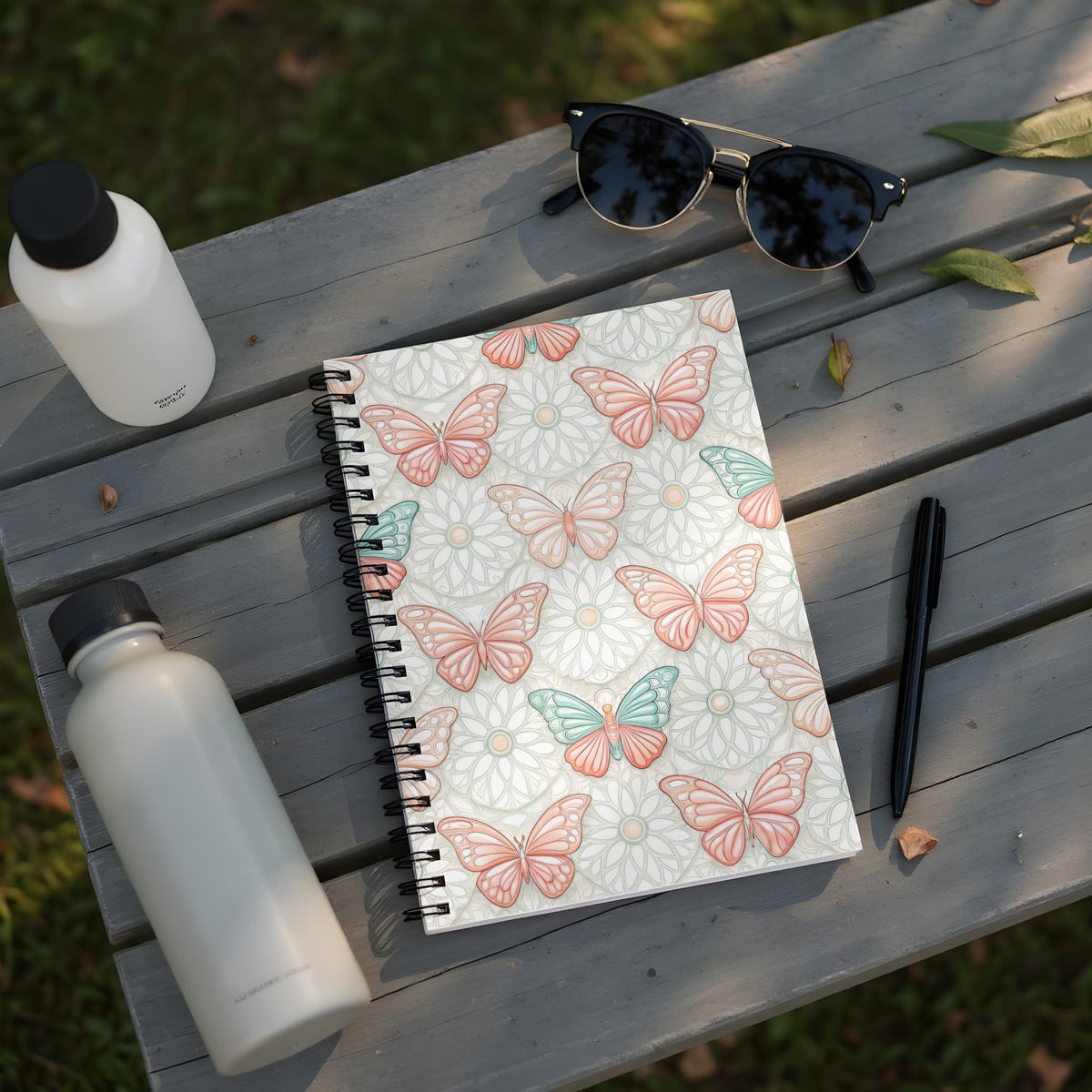Spiral notebook with pink and teal butterflies on a floral pattern.