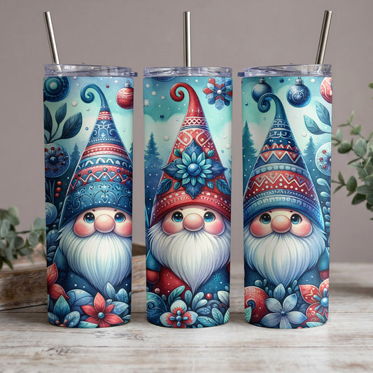 Three tumblers with whimsical gnome illustrations and festive winter ornaments.