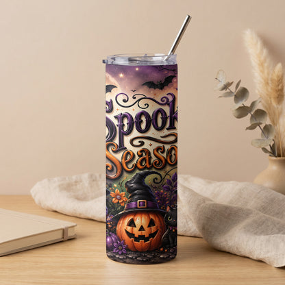 Tumbler with "Spook Season" text, pumpkin, black cat, and Halloween scene.