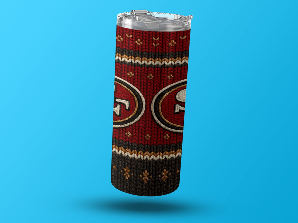 San Francisco 49ers tumbler with red knit pattern and logos.