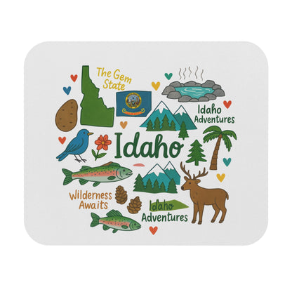 Idaho state map, flag, and icons representing nature and adventures.
