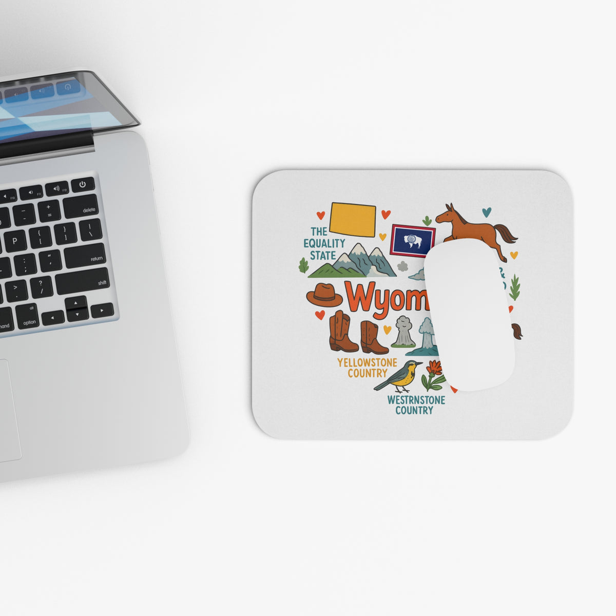 Wyoming themed mousepad with state map, horse, cowboy boots, and Yellowstone country icons.