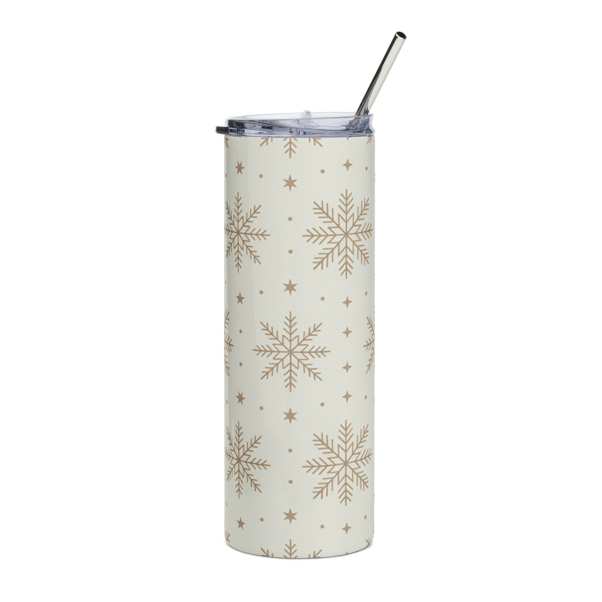 White tumbler with a repeating pattern of gold snowflakes and stars.