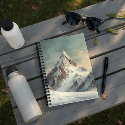 Spiral notebook with snow-covered mountain art, two water bottles, sunglasses, and pen.