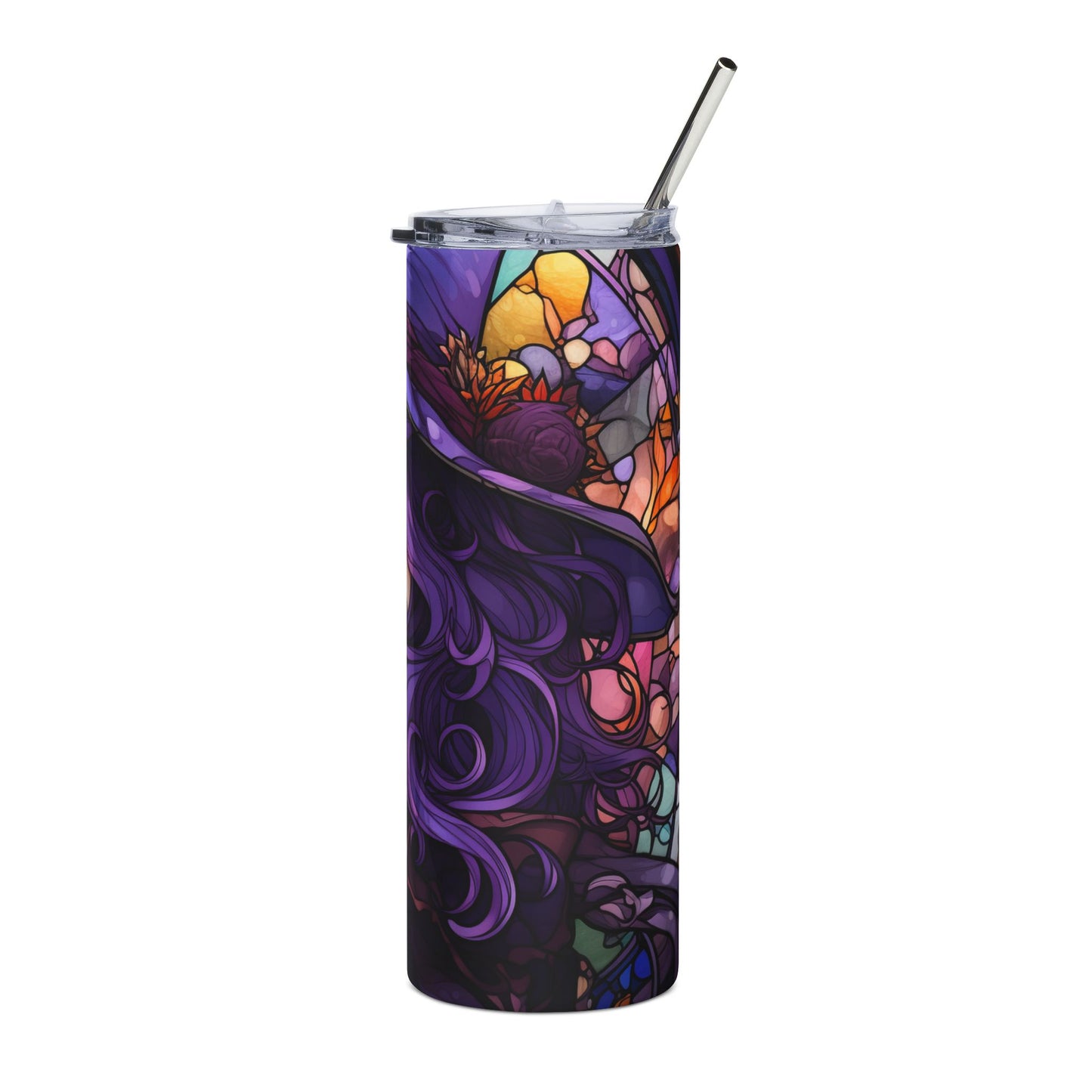 Tall tumbler with a stained-glass inspired design featuring purple flowing hair and floral elements.